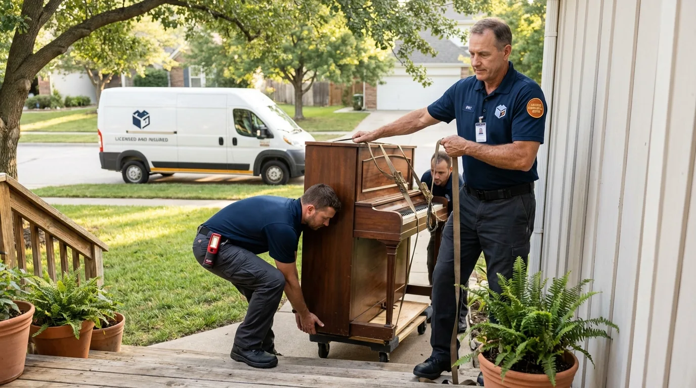 Licensed piano movers securing grand piano in Pecos, NM