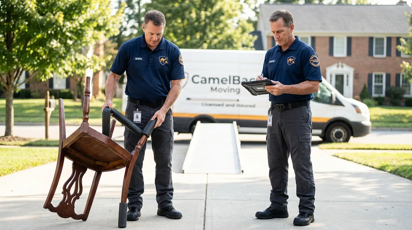 Movers inspecting furniture for damage prevention before loading in Pecos, NM