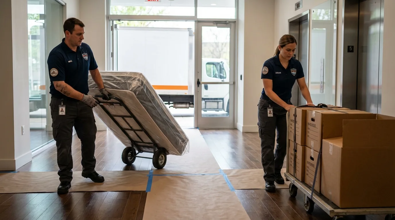 Professional apartment movers loading elevator in Pecos, NM